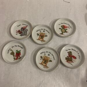 Vintage Suzy’s Zoo Christmas trinket dishes, holiday coasters, 1976 enesco